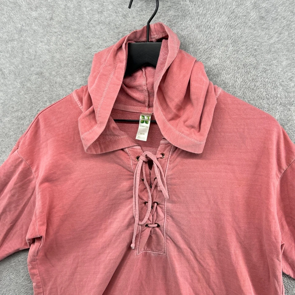 Sudadera con capucha Green Tea para mujer talla mediana rosa manga corta Henley tie túnica Foto 4 de 4