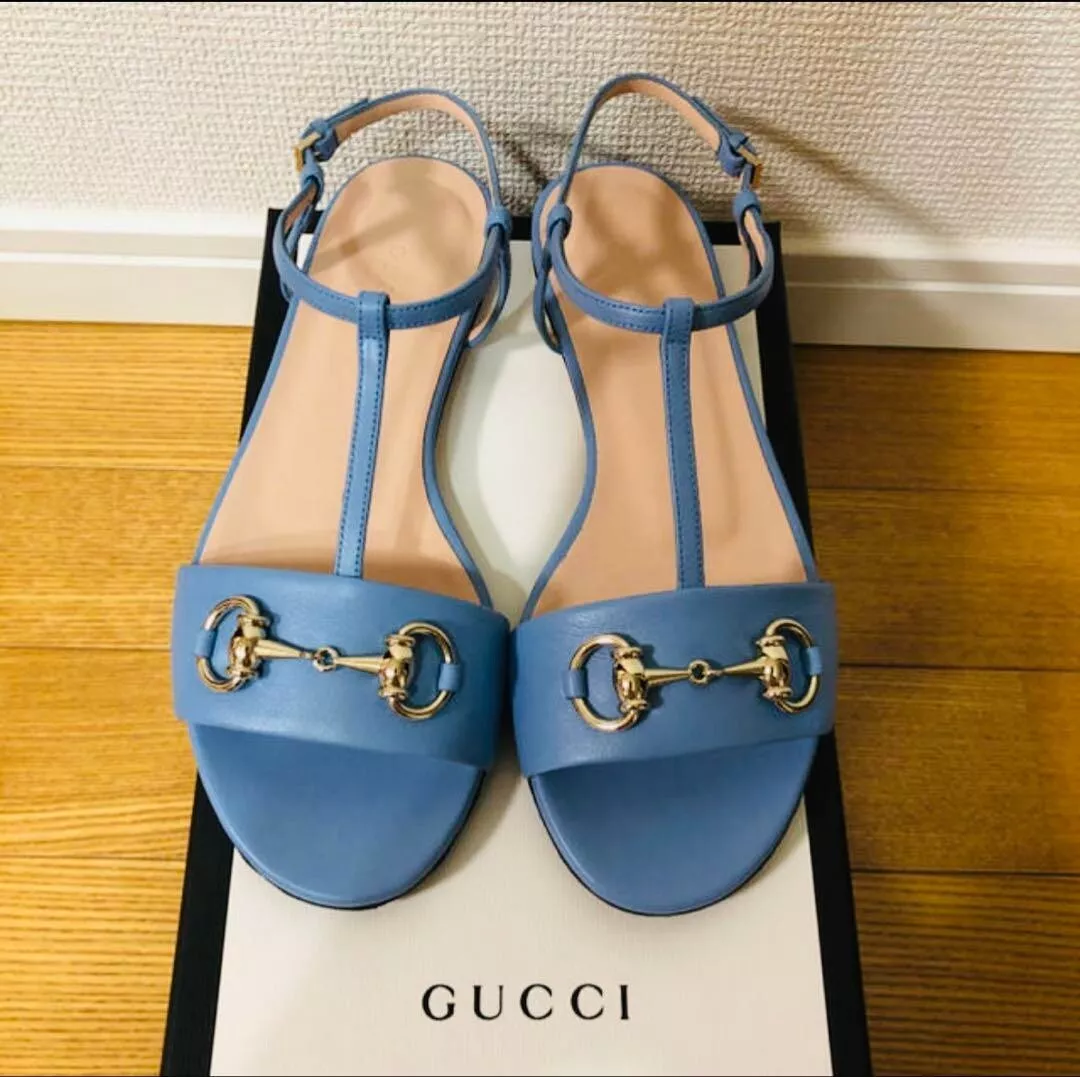 Sandales plates en cuir GUCCI Horsebit mules escarpins chaussures femme pointure EU 35 1/2 bleu