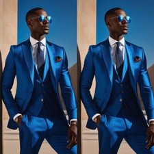 Blue 3 Pcs Men Suits Fashion Satin Wedding Groom Formal Man Suit Sets Vests