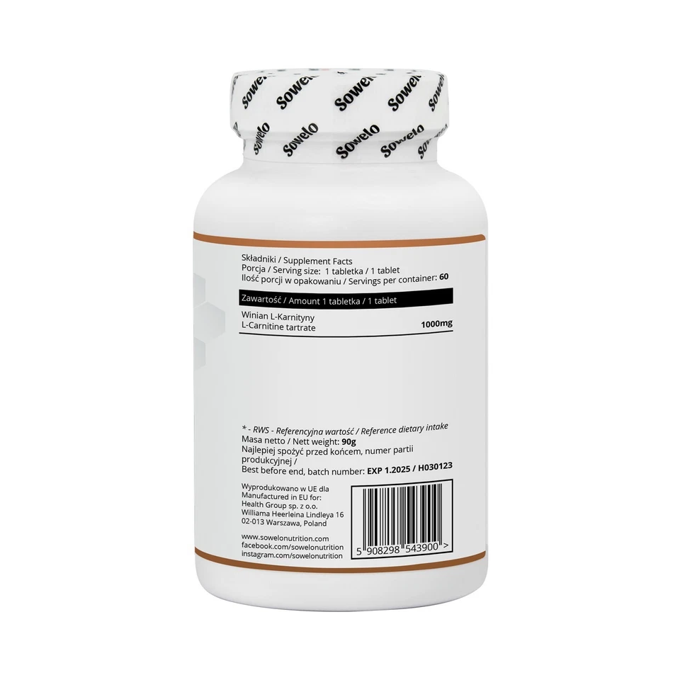 L-Carnitine 1000 mg – Tablets – Fat Burner, Antioxidant & Anticatabolic – Sowelo - Image 2 of 4