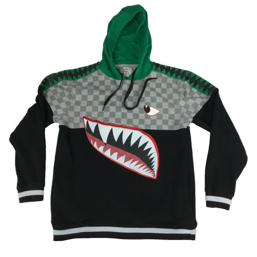 Bleecker & Mercer Shark Mouth Graphic Hoodie Black Gray Green Checkered Large