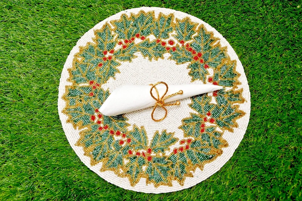 Set of 2 Beaded Table Mats – Golden Cherry Centerpieces, Mother’s Day Decor - Image 2 of 4