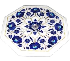 Marble Side Coffee Table Top Rare Lapis Lazuli Inlaid Marquetry Patio Arts H1400