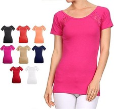 Solid Scoop-Neck Short Sleeve W/ Lace Detail Key Hole Back Tee Shirt S  L