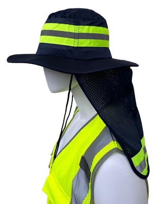 Hi Vis Reflective Work Safety Neck Flap Boonie Hat Navy  Bucket Cap