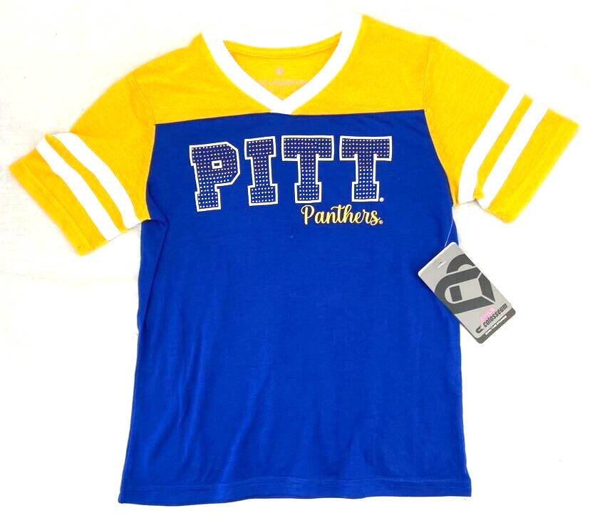 NEW Pitt Panthers Colosseum Blue Striped Short Sleeve V Neck Shirt Youth M 7-8