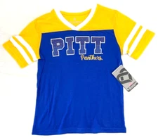 NEW Pitt Panthers Colosseum Blue Striped Short Sleeve V Neck Shirt Youth M 7-8