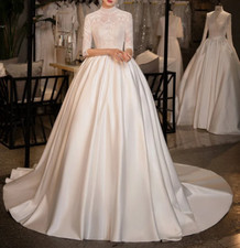 High Collar Long Sleeve Satin Wedding Dresses Elegant Lace Appliques Bridal Gown