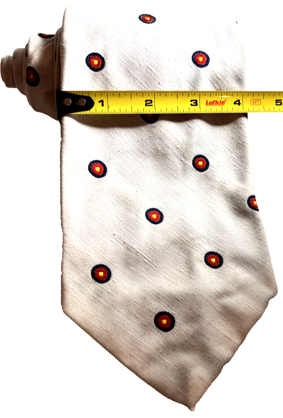 Kipper Mens Tie Vintage 1960s Silk Repp Tie 4" x 54" White w/ Bulleseye