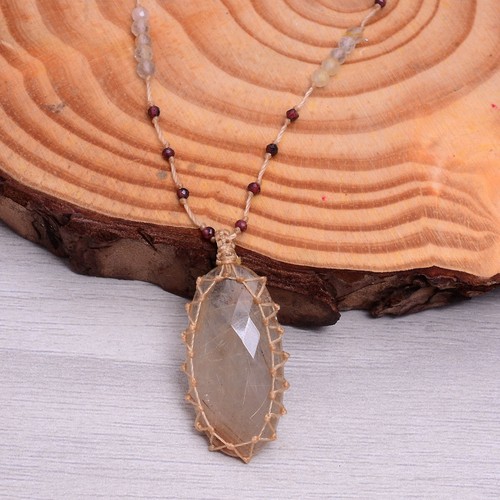 Hand Crafted Natural Rutile Quartz Checker Cut Boho Macrame Beaded Necklace - Picture 10 of 14