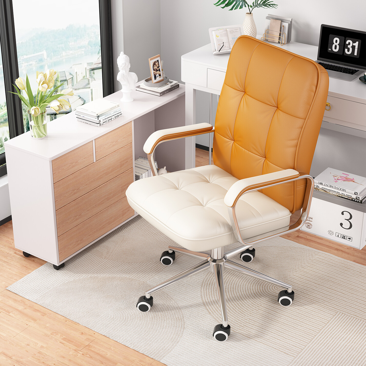 Ergonomic Office Chair with High Back Brown PU Leather Desk Chair with Armrests