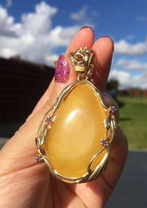 Authentic yellow gold plated silver Big Natural Baltic Amber Drop Pendant with crystals