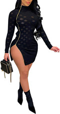Sheer Mesh Bodycon Midi Dress with Long Sleeves for Party and Clubwear