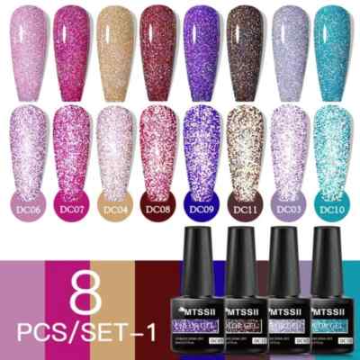 8PCS Glitter Nail Gel Polish Set Soak Off UV Led Gel Varnish Kit for Manicures