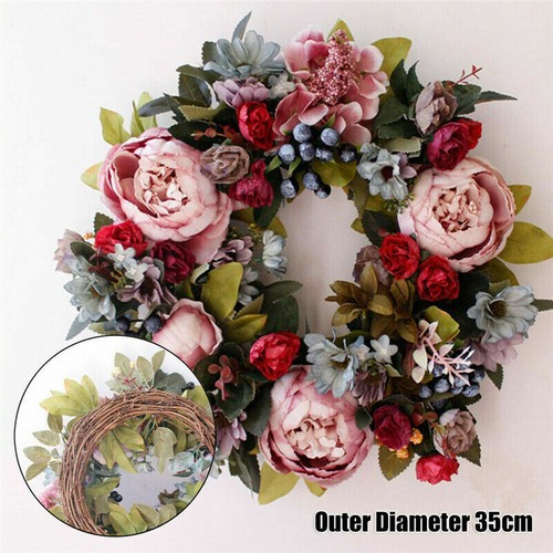 Artificial Peony Wreath Flower Garland 35cm Door Wreath Spring Round Wreath UK - Picture 2 of 9