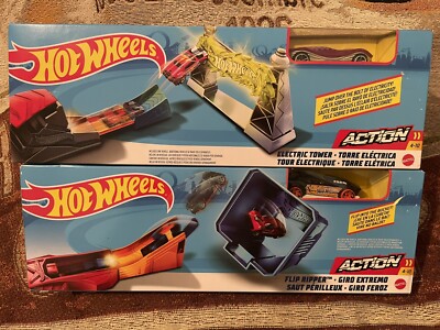 Lot of 2 HOT WHEELS Action Accessories Flip Ripper & Electric Tower w/Cars NEW