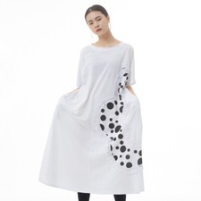 Women Oversized Short Sleeve Casual Summer Loose Swing Black White Dot Dresses