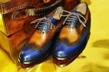 Handmade Men's Leather Brogues two tone patina lace up shoes custom shoes-882