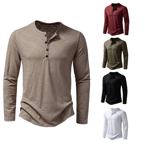 Men T Shirts Long Sleeve T-shirt Mens Henley Neck Daily Wear Casual Basic Top AU - Picture 3 of 41