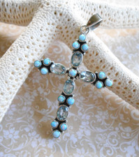 Sterling Silver Pale Blue Topaz Opal Cross Pendant 52A4