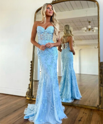 Sexy Mermaid Prom Dresses Strapless Appliques Backless Tulle Party Gowns Custom | eBay Sexy Mermaid Prom Dresses Strapless Appliques Backless Tulle Party Gowns Custom | eBay