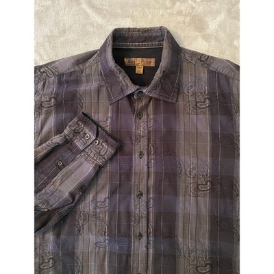 Pronto Uomo Shirt Sz XL Violet Black Plaid Paisley Moody Embroidered Long Sleeve