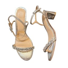 Jewel Badgley Mischka Dagny Silver Block Heel Crystal Sandals Women's Size 9