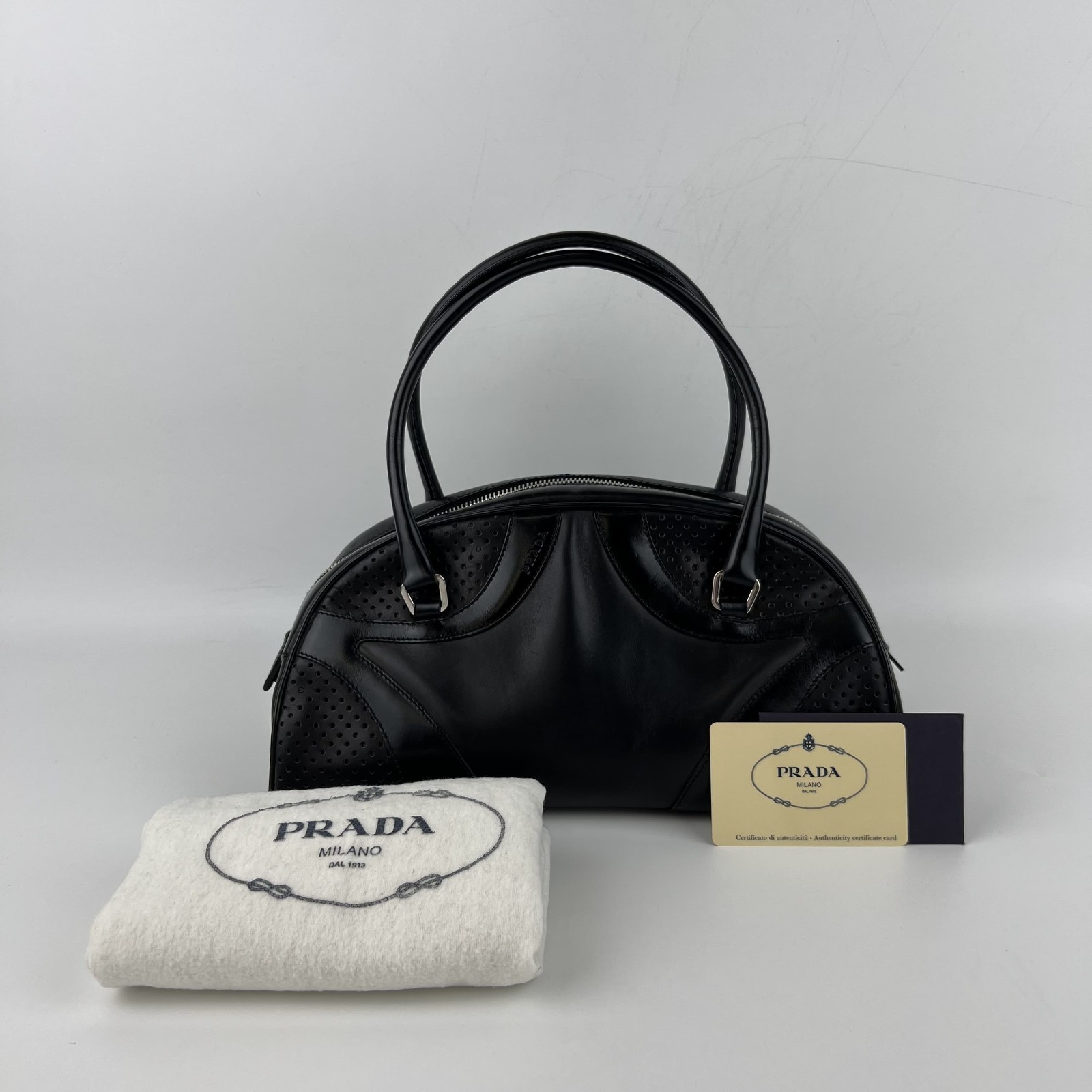 PRADA Vintage Black Leather Bowling Tote Crossbody Bag Used from Japan