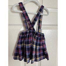 Vintage Adjustable Flannel Suspender Skirt Navy Plaid Girls Size 24 months