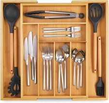 Expandable Bamboo Kitchen Drawer Organizer - Adjusts to Drawer Size - Bamboo Sil
