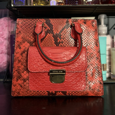 Michael Kors Red Snake Pattern Satchel Gold Hardware Detachable Strap