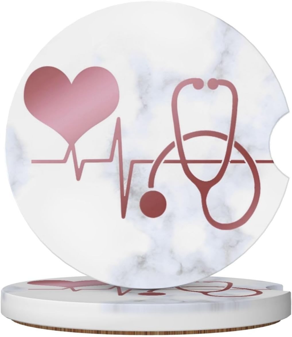 Enfermera Doctor Corazón Estetoscopio Mármol Coche Posavasos para Portavasos, Paquete de 2 H30