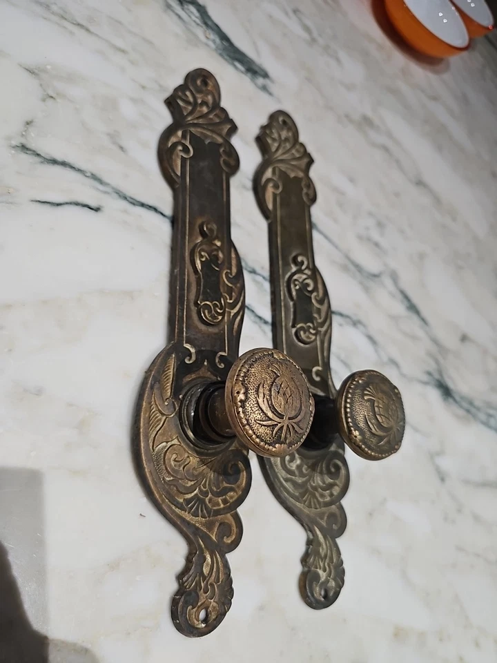Rare Anciennes Poignées de porte en laiton massif Art Nouveau - Photo 3/4