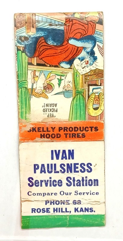 Vintage matchbook cover advertising Ivan Paulsness Service Station Rose Hill KS