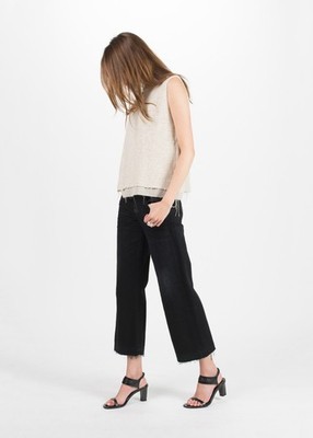 Simon Miller Women's Bora Crop Jean Black Fray Hem Wide Leg 100% Cotton Size 26