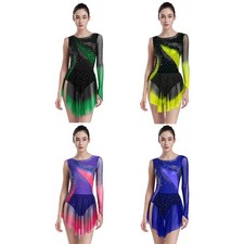 Womens Leotard Hem Dress Class Bodysuit Training Dancewear Party Long Sleeve