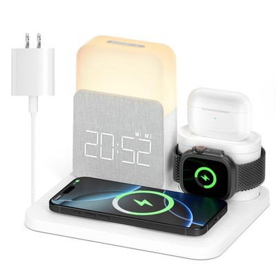 Alarm Clock with Wireless Charger for Bedrooms, 6 in 1 Wireless Charging Stat...