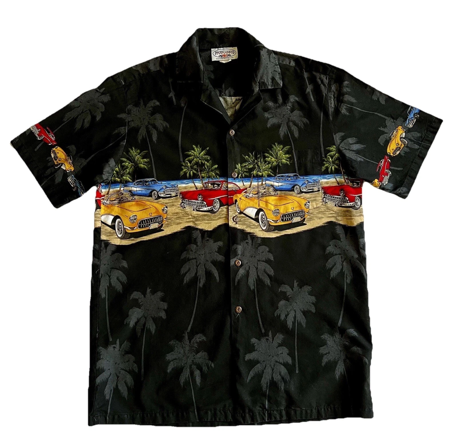 Pacific Legend Men’s Hawaiian Shirt Medium Black Classic Cars Print Cotton