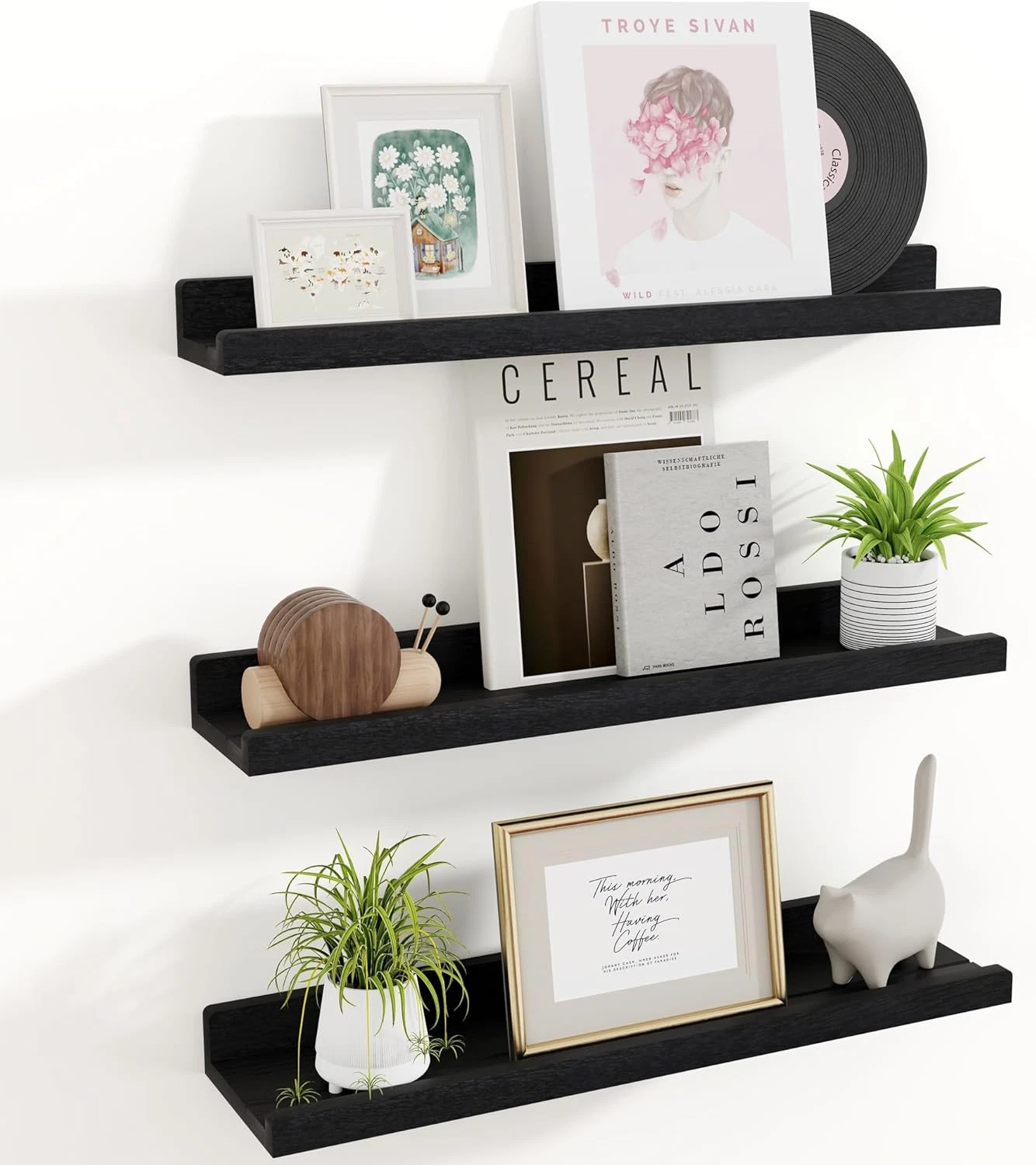 24" Solid Wood Floating Picture Ledge Shelf Set of 3 - Distressed Black