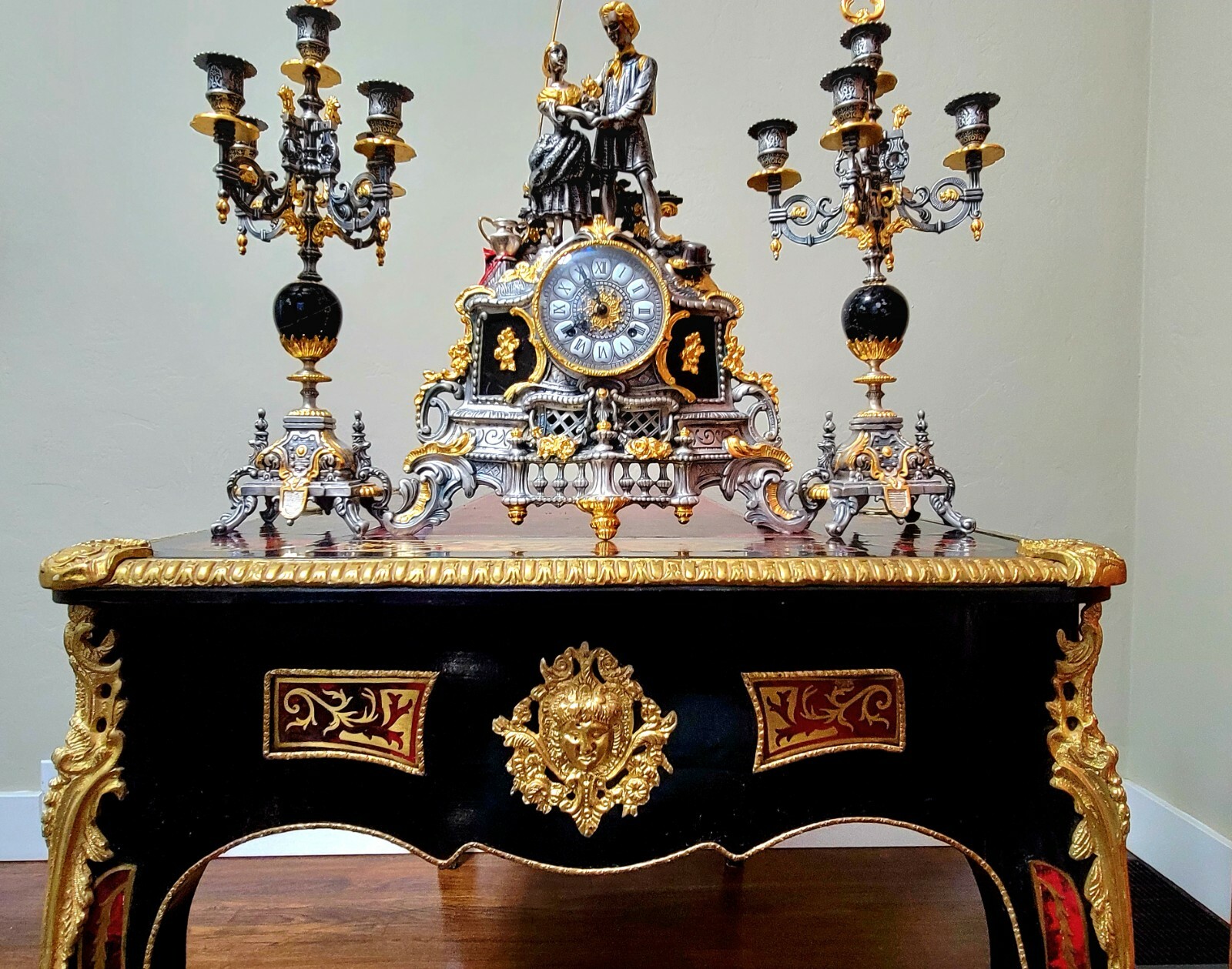 Lancini 24k Gold Gilded & Black Marble Mantle Clock & Candelabra Set from Italy&nbsp;
