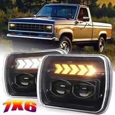 Fit Ford Ranger 1983-1988 7x6" Black LED Headlight High Low DRL Turn Signal Lamp