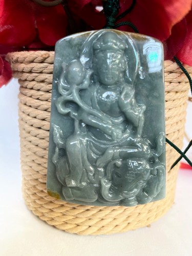 Amuleto Ciondolo Guan Yin Giada Rossa Verde 60x42mm Dea della Compassione Buona Fortuna - Foto 10 di 12