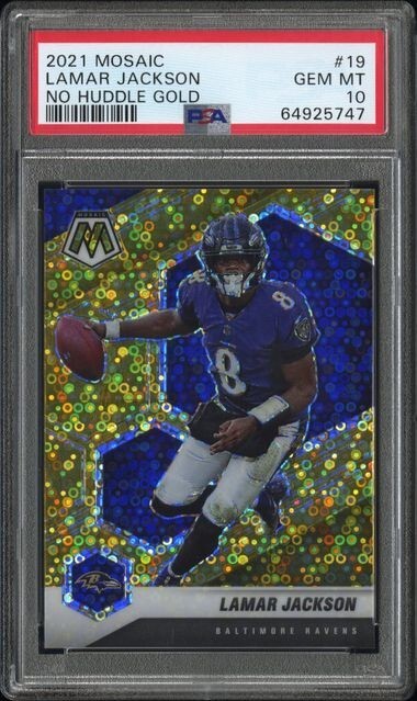 2021 Panini Mosaic LAMAR JACKSON No Huddle GOLD Disco #19 SSP 10/10 - PSA 10