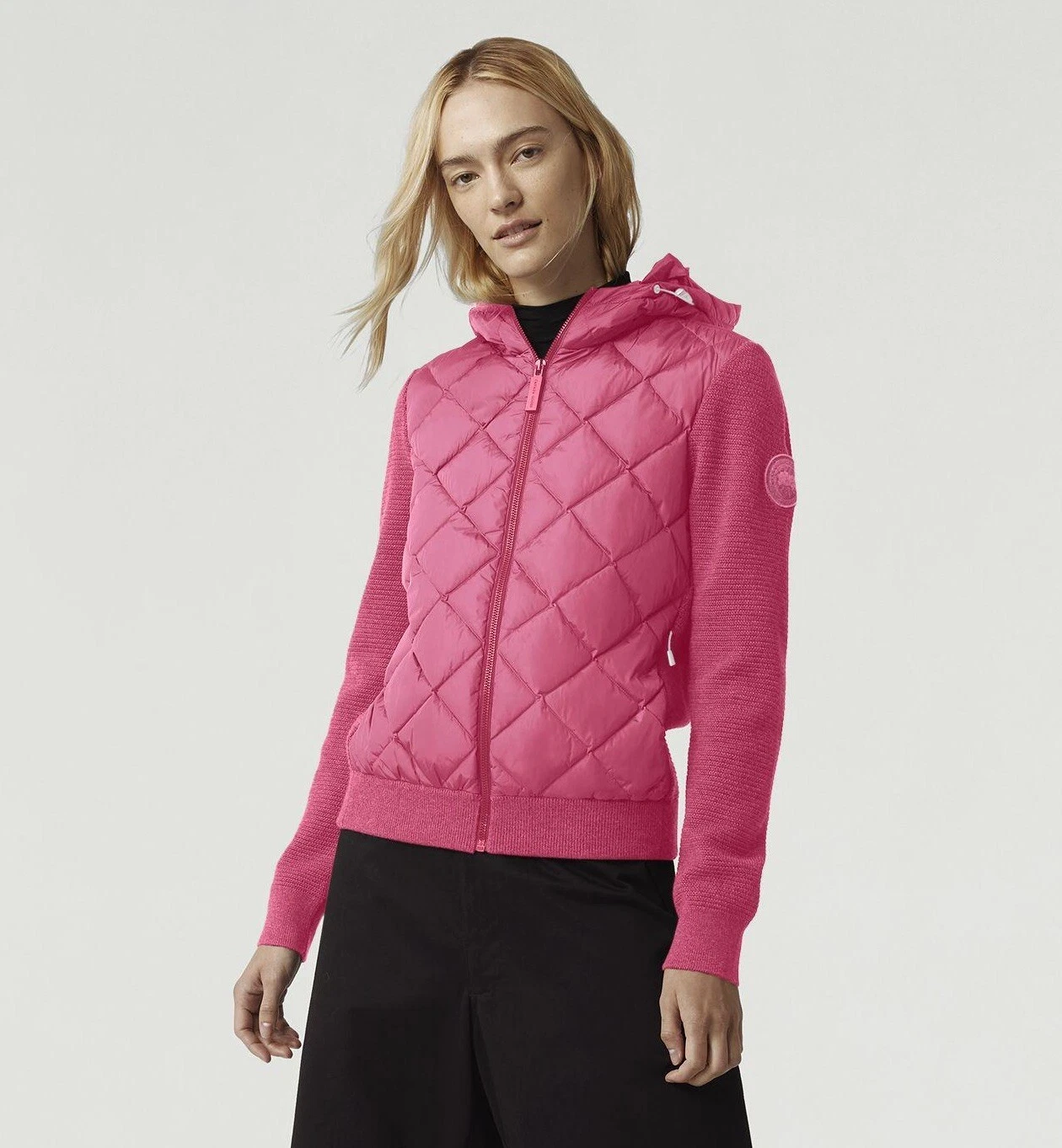 Nuova felpa con cappuccio Canada Goose Hybridge trapuntata a maglia rosa XS donna