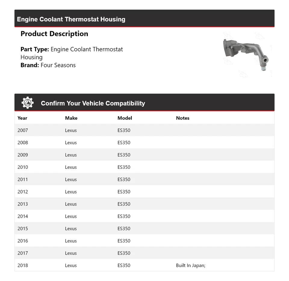 For 2007-2018 Lexus ES350 Engine Coolant Thermostat Housing 4 Seasons 2008 2009 - Image 2 of 4