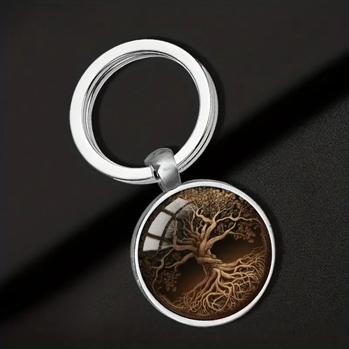 Key Ring-Gnarly Tree of Life - silver-tone - under convex glass-approx ...
