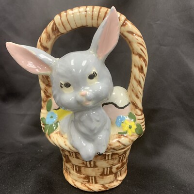 Vintage Hand-Painted Spring Easter Basket Bunny Candy/Treat Basket Figurine