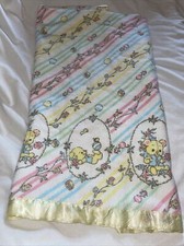 Vintage Nitey Nite Baby Crib Blanket Cotton Yellow Satin Trim Pastel Bears