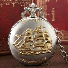 Large Pocket Watch Sailing Ship Silver Gold with Watch Chain Frigate Navy Sailor