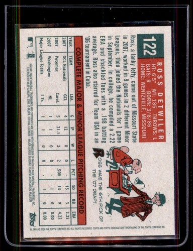 2008 Topps Heritage #122 Ross Detwiler GB SP Rookie - Picture 2 of 2